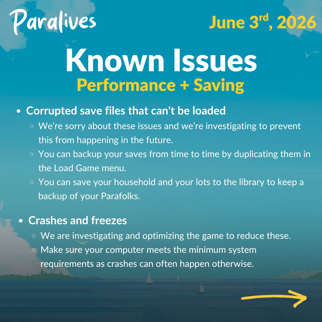 Official June 3 Paralives known-issues graphic about performance and saving