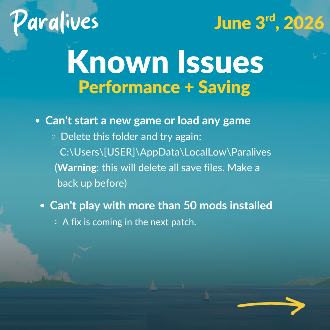 Official June 3 Paralives known-issues graphic warning to back up saves