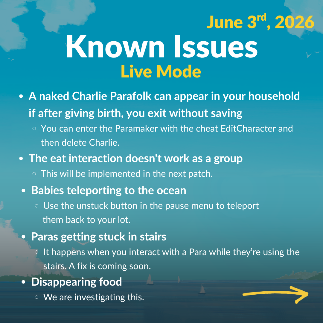 Official June 3 Paralives known-issues graphic about Live Mode