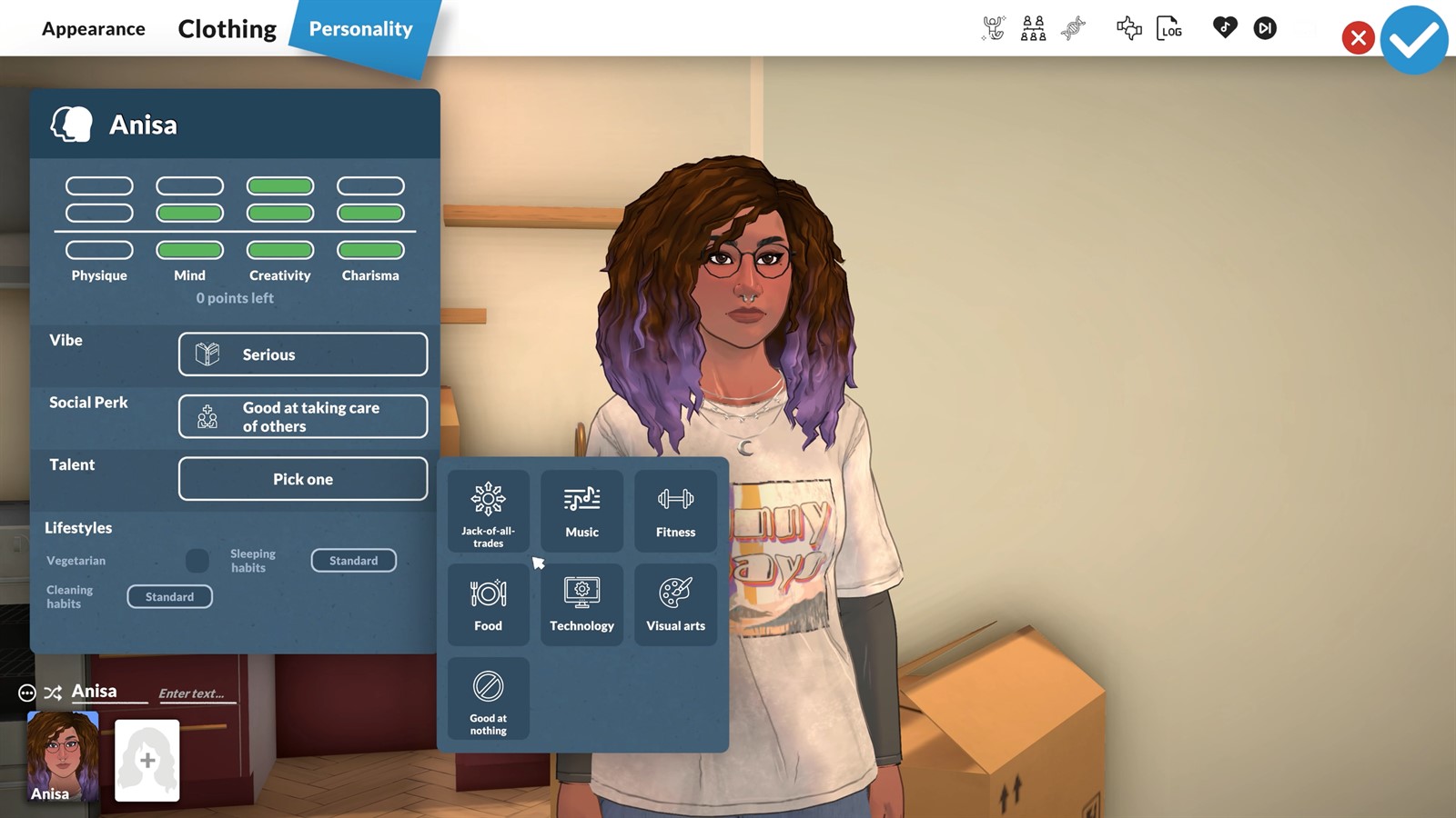 Anisa in the Paralives Paramaker personality panel