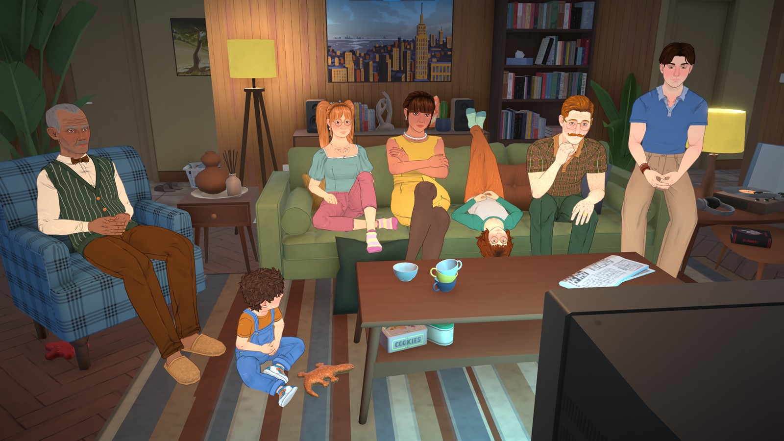 A multigenerational Paralives household gathered around a television