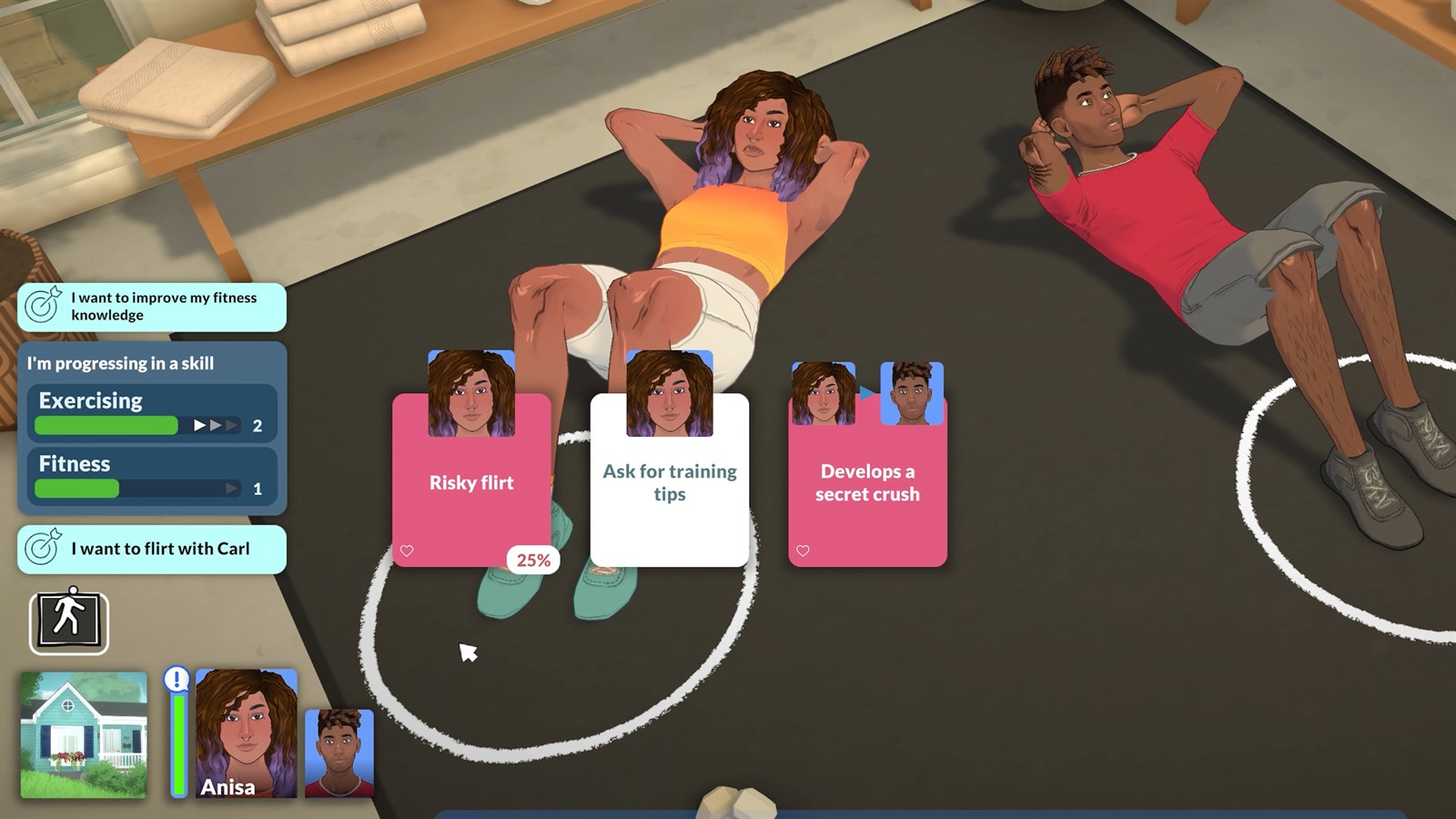 A selected Paralives household doing group yoga with needs and actions visible
