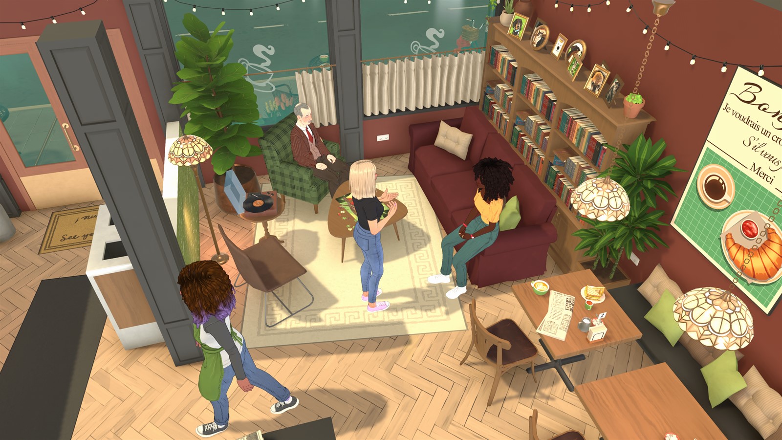 Several Parafolks spending time inside a decorated cafe