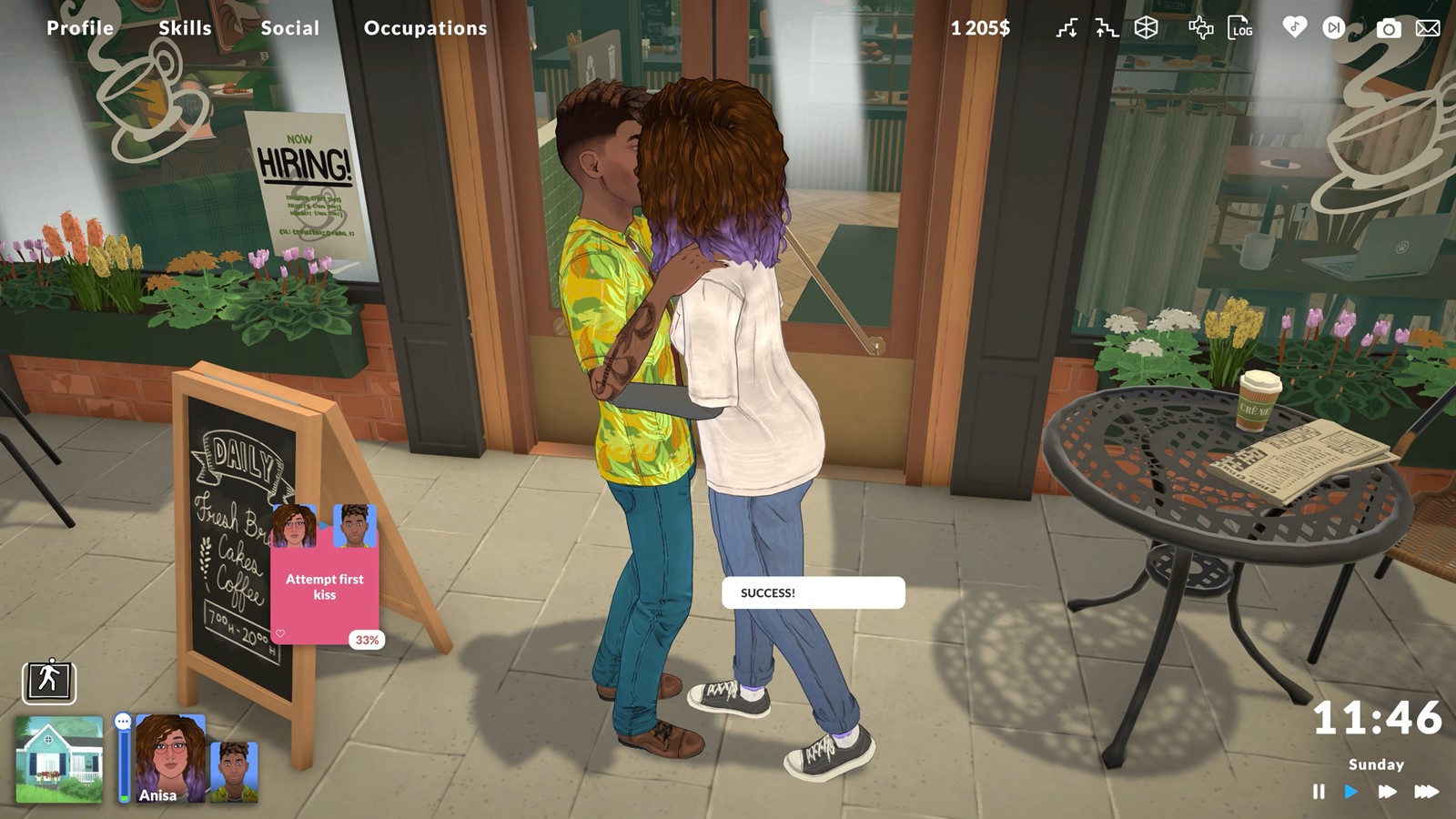 Two Parafolks interacting outside a cafe with the social interface visible