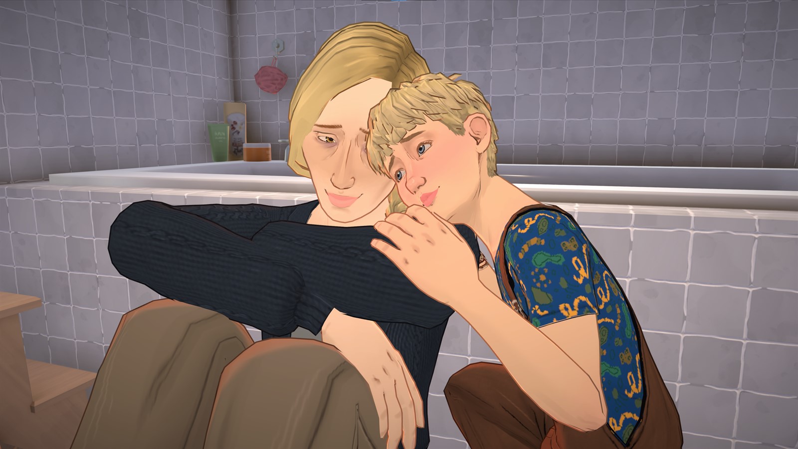 A Paralives couple sitting close together on a bathroom floor