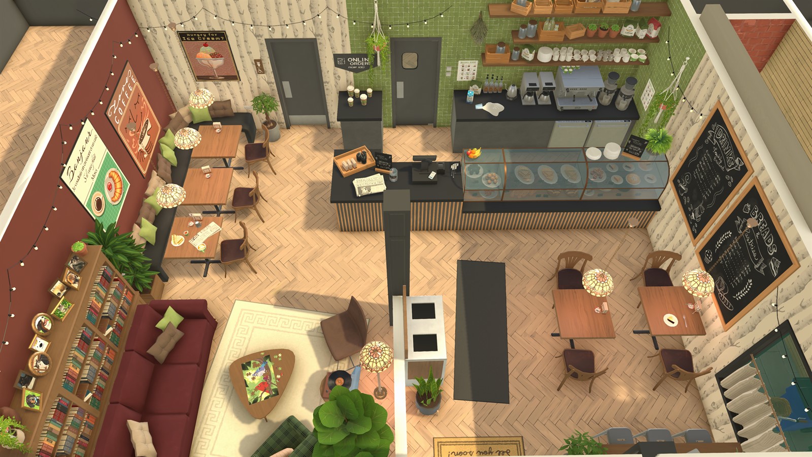 Top-down Paralives cafe interior arranged in Build Mode