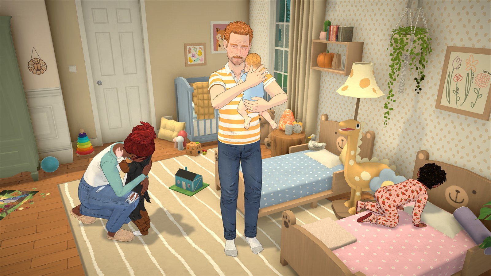 Adults caring for a young child in a decorated bedroom