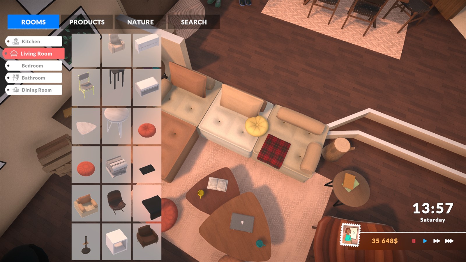 Paralives Build Mode catalog beside a furnished living room