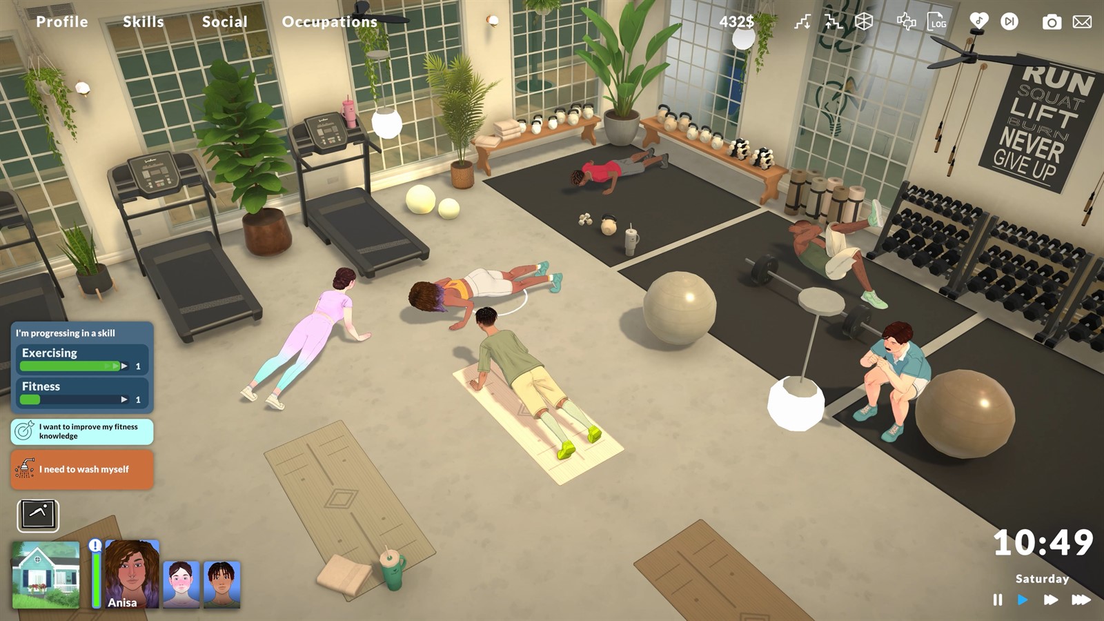 Parafolks exercising in a gym with needs and household portraits visible