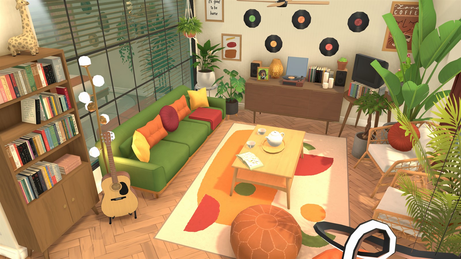 Colorful furnished Paralives living room with plants and music equipment