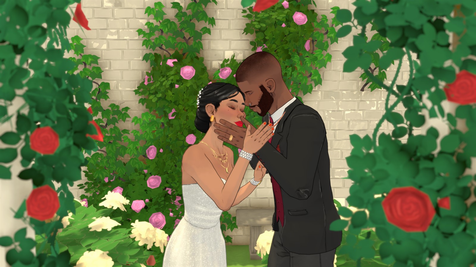 A couple kissing during a rose-garden wedding scene