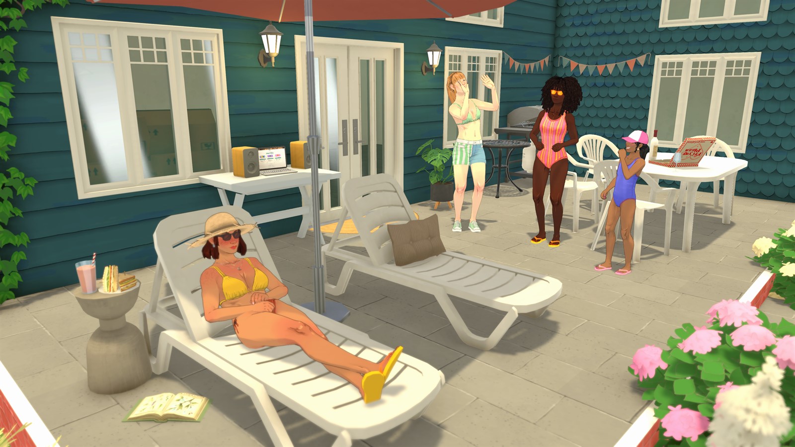 A Paralives household relaxing together on an outdoor patio